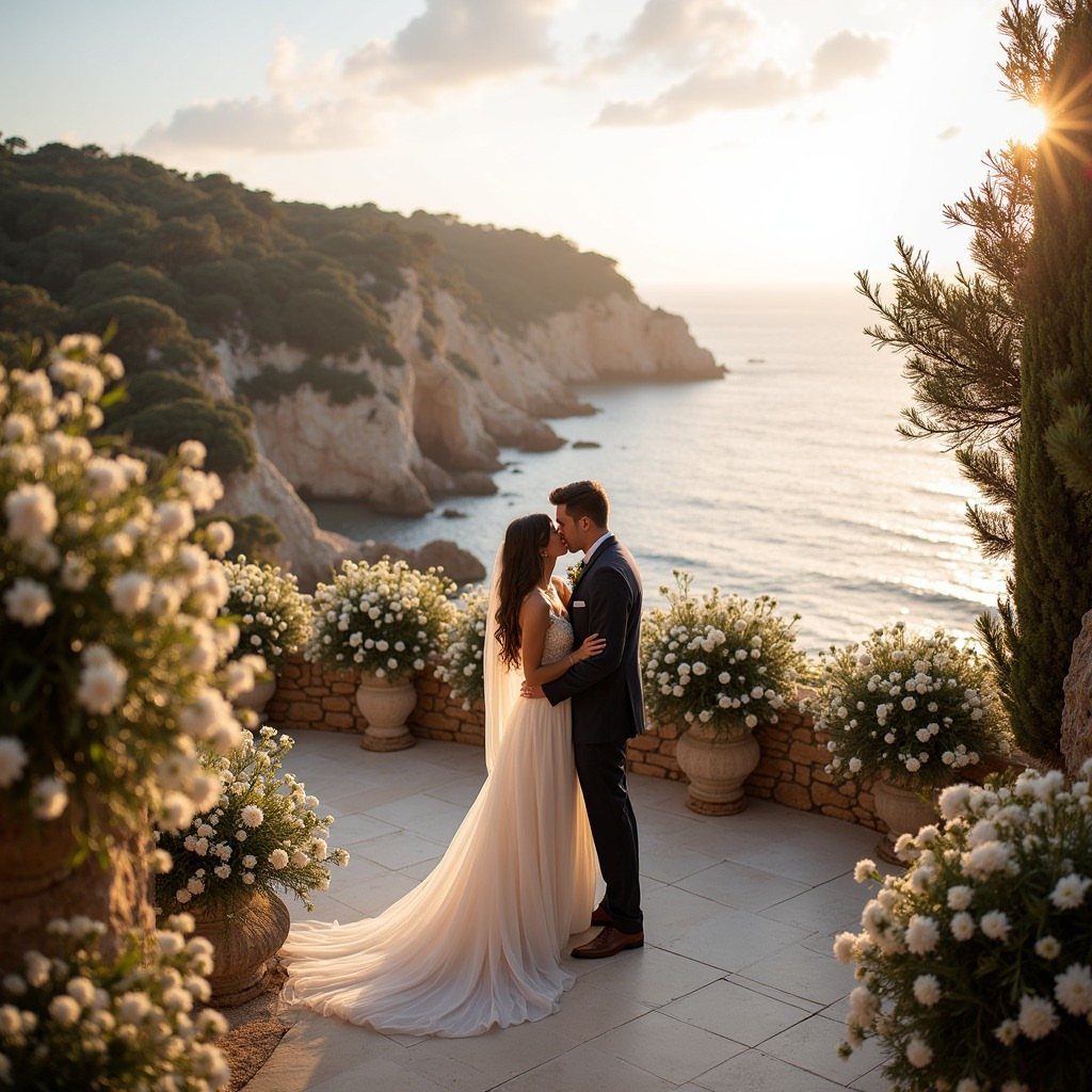 Bride and groom kissing on a scenic coastal terrace overlooking the ocean at sunset.