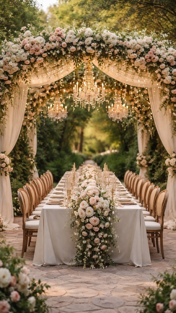 Long wedding banquet table with white linens and floral arrangements under crystal chandeliers.