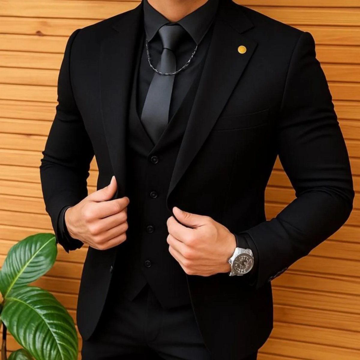 Man in a three-piece all-black suit with a black tie and silver watch.