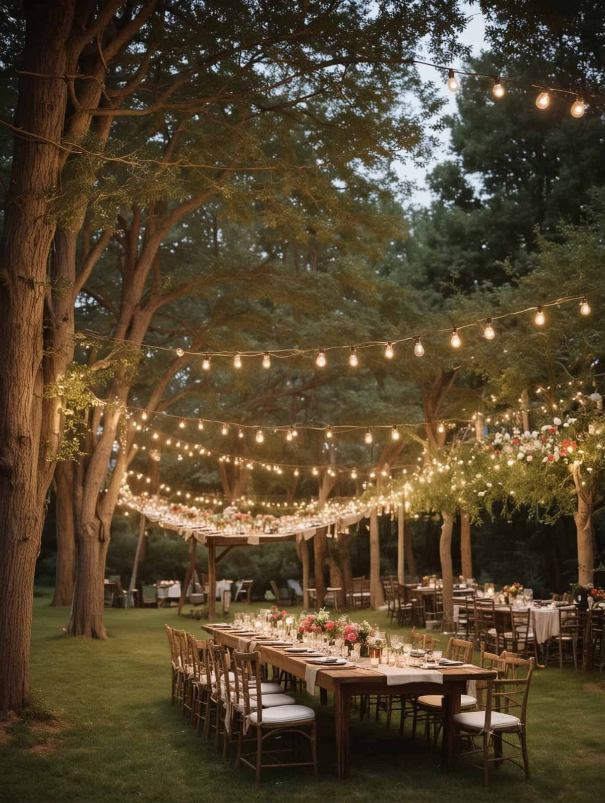 Wooden dining table set for a party under trees with glowing string lights.