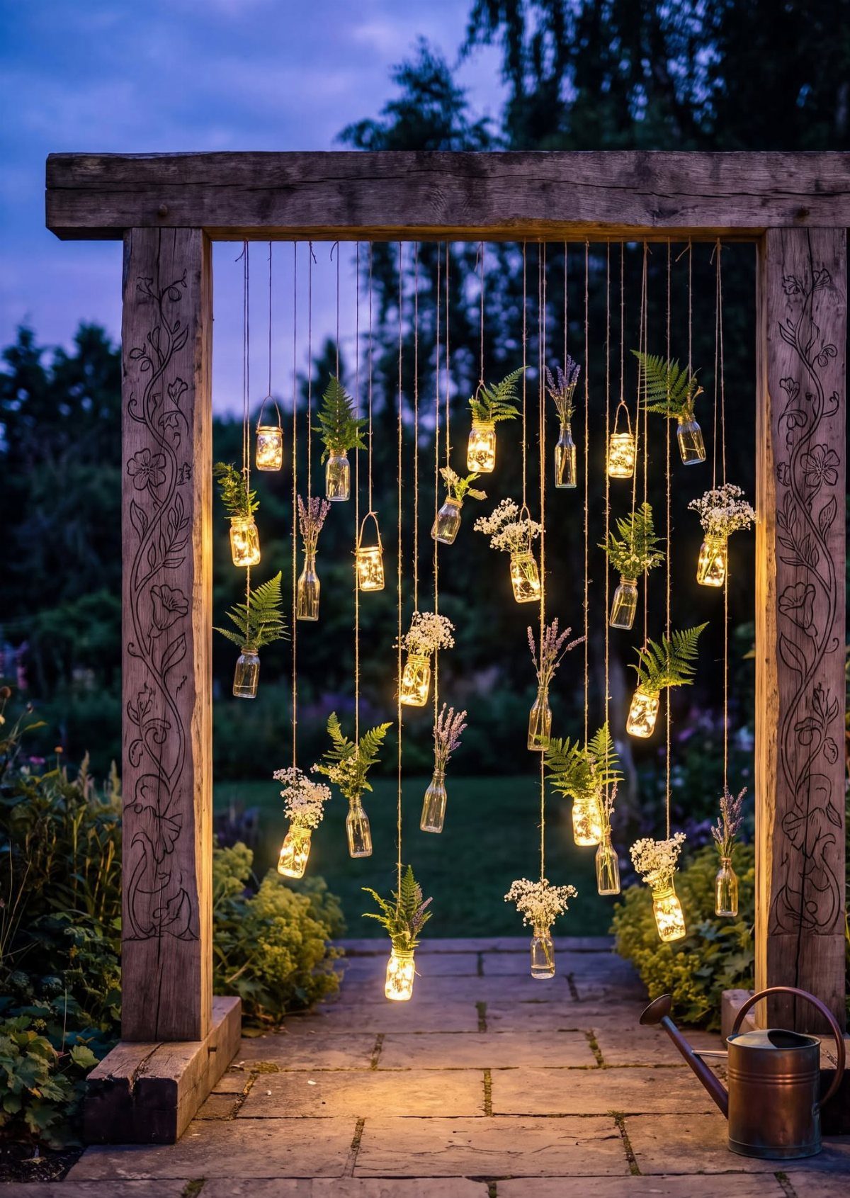 Hanging glass bottles with fairy lights and flowers under a rustic wooden frame.