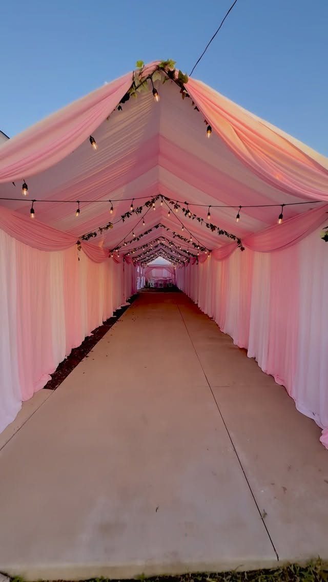 Pink and white draped tent walkway with string lights and floral accents.