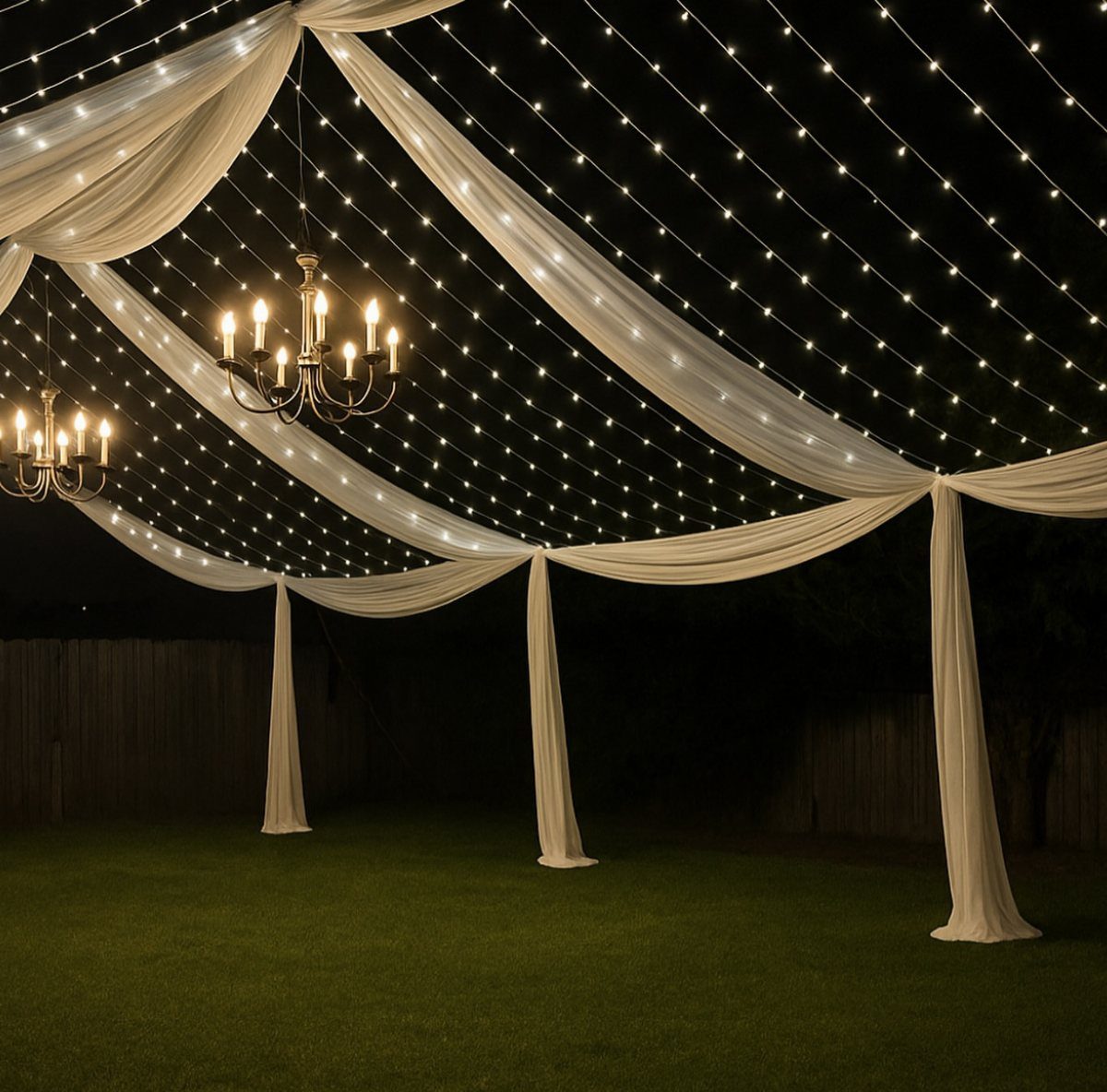 White draped canopy tent with chandeliers and string lights over a green lawn