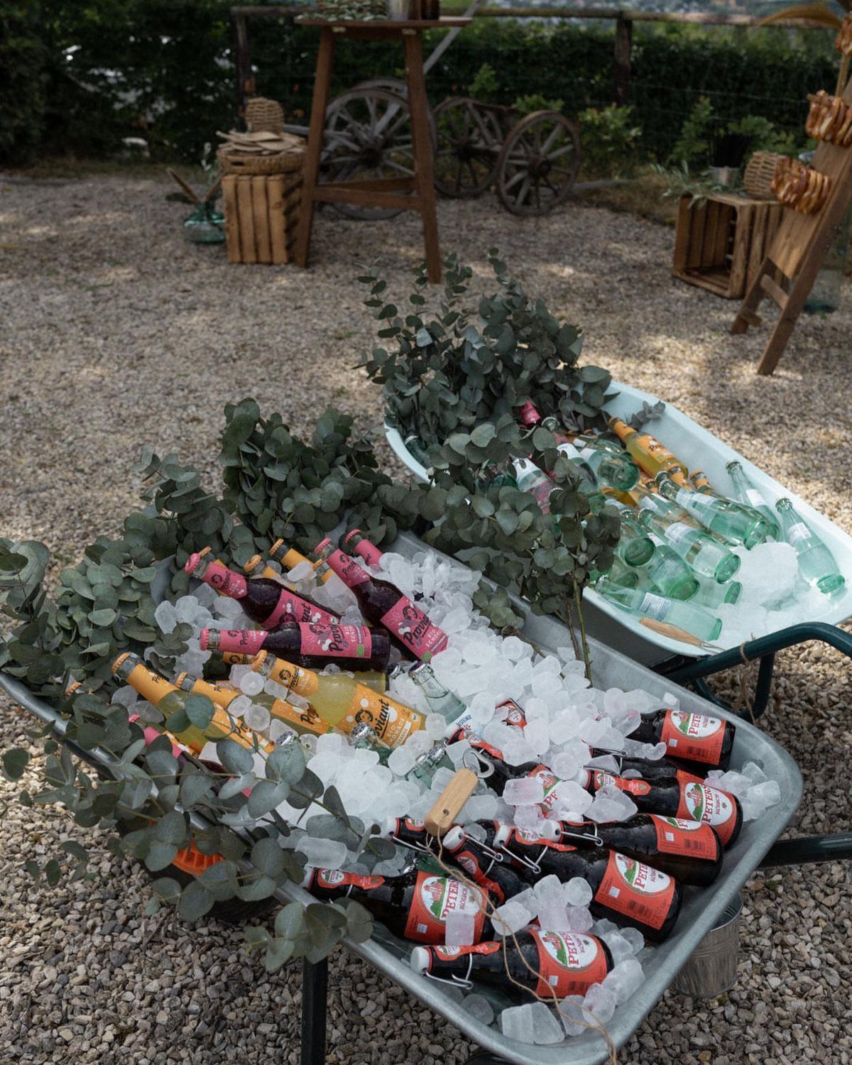 Metal tubs filled with ice and bottled drinks decorated with eucalyptus leaves.