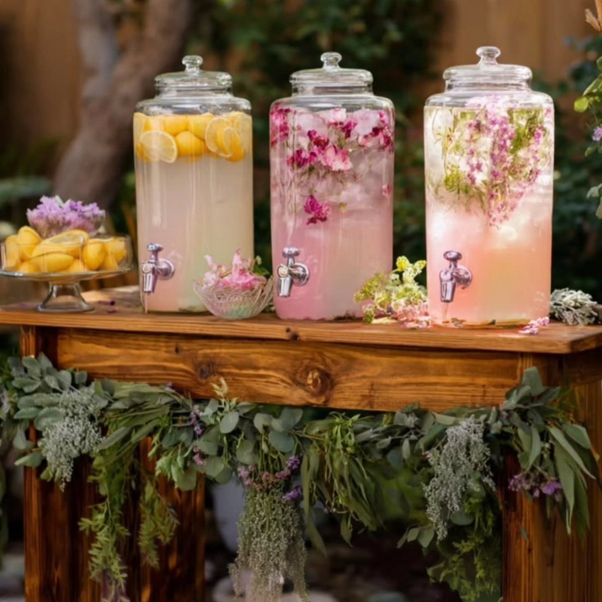Three glass drink dispensers with fruit and flowers on a rustic wooden table.