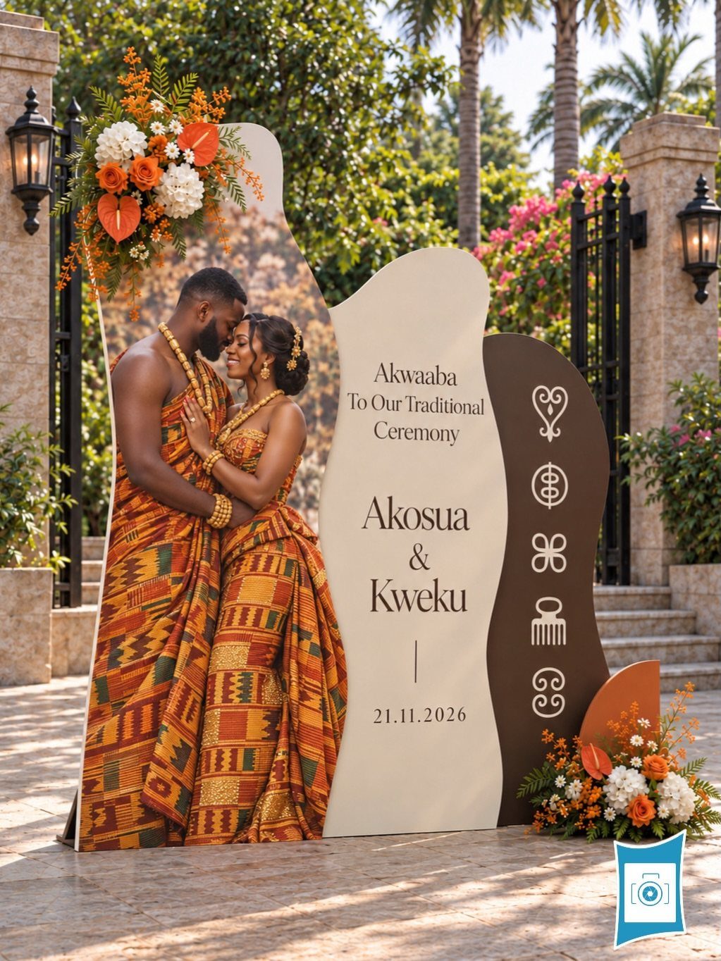 Cutout board of a couple in Kente cloth for a traditional wedding ceremony.