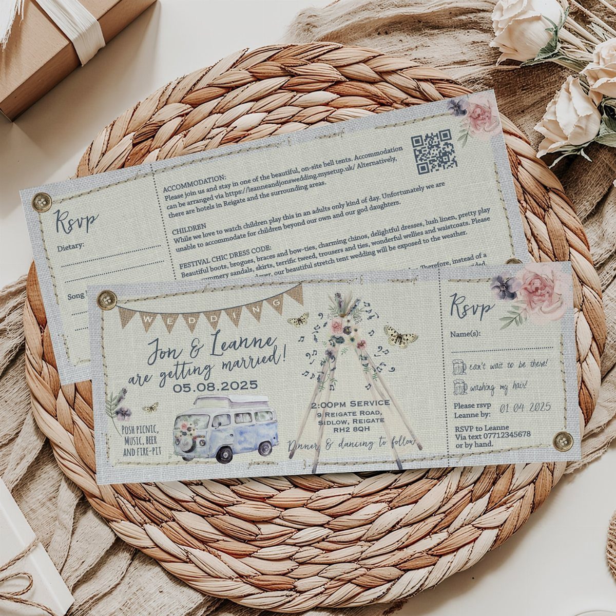Boho wedding invitation set with a blue camper van on a woven mat.