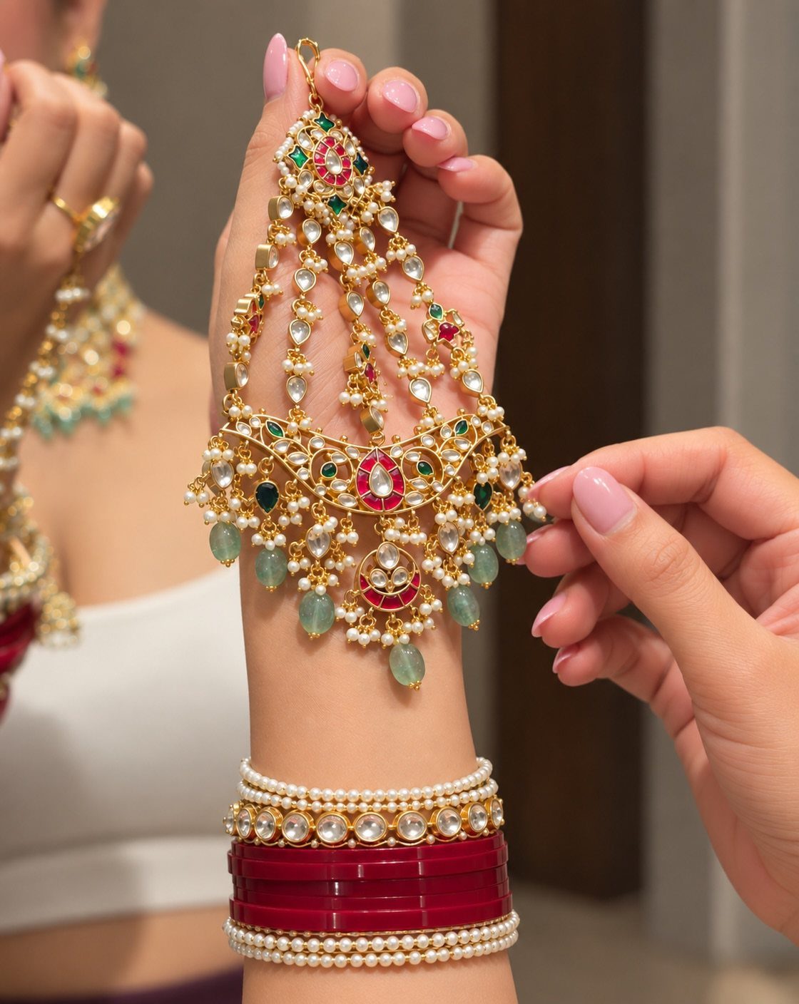 Ornate gold kundan maang tikka with red gems and green bead drops held by hand