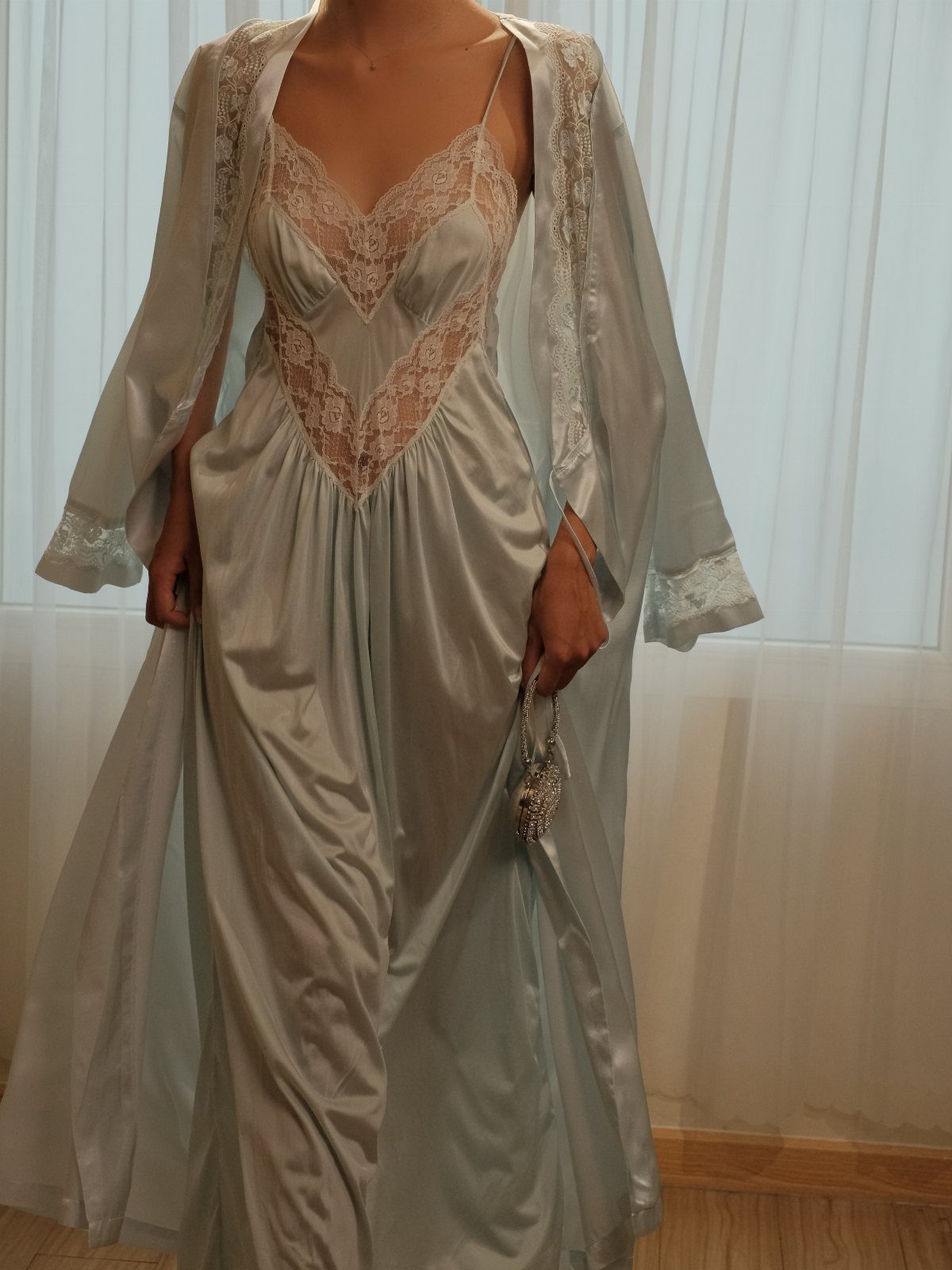 Light blue satin vintage nightdress with lace bodice and matching long satin robe.