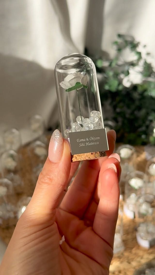 Small glass vial with a white flower and pebbles held by a hand.