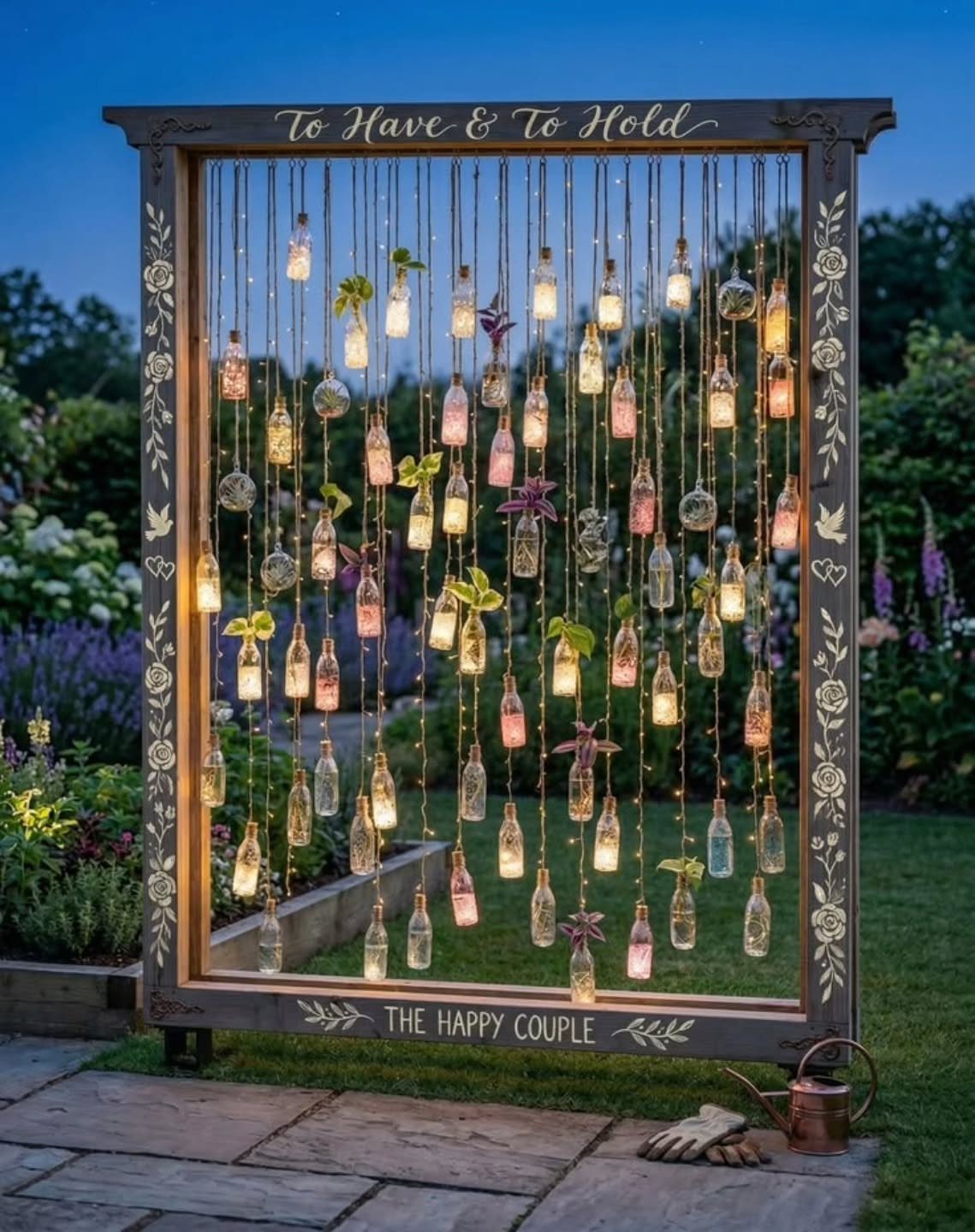 Wooden frame with hanging glowing glass bottles and fairy lights in a garden