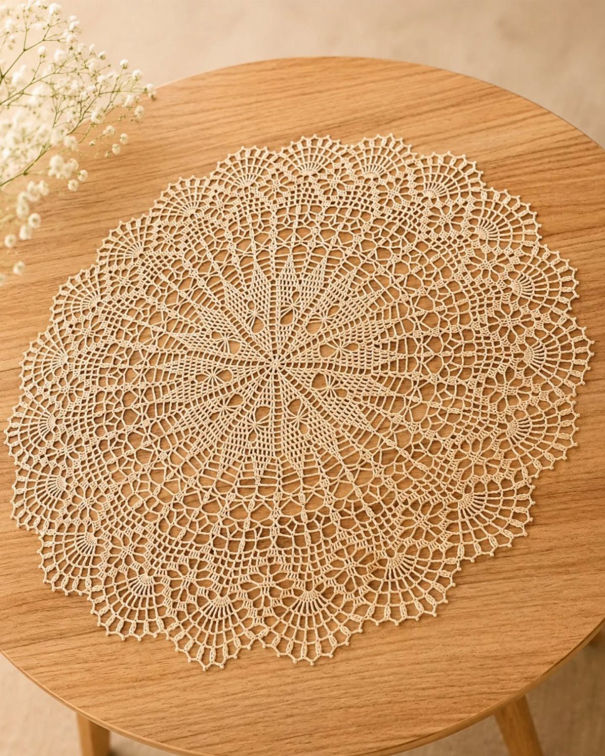 Cream-colored crochet doily with intricate lace patterns on a wooden table.