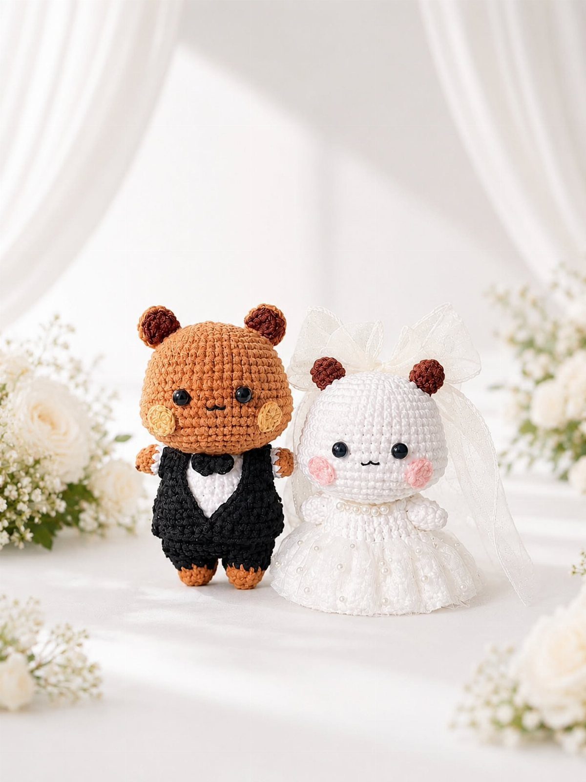 Two crocheted wedding bears, one in a tuxedo and one in a bridal gown.