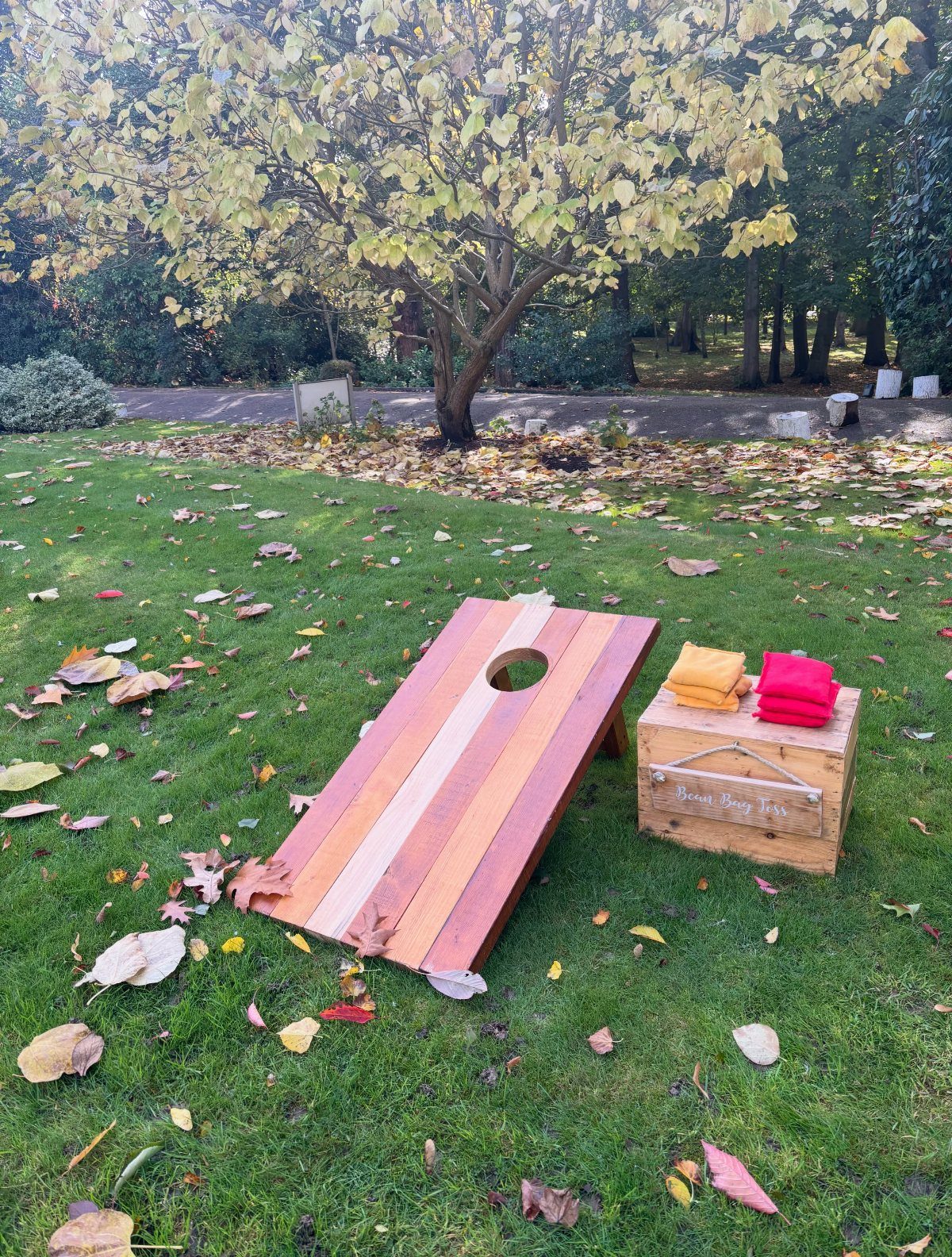 Wooden cornhole board and bean bags on a grassy lawn with autumn leaves.