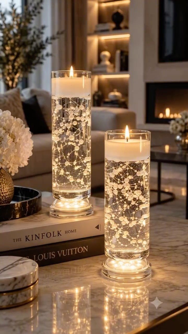 Floating white candles in glass cylinders with fairy lights and white flowers.