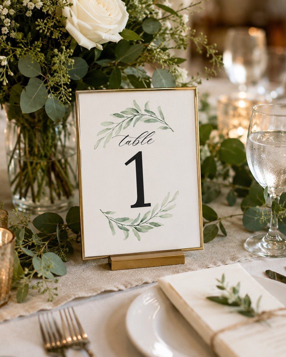 Gold framed table number one with leaf accents on a wedding table centerpiece
