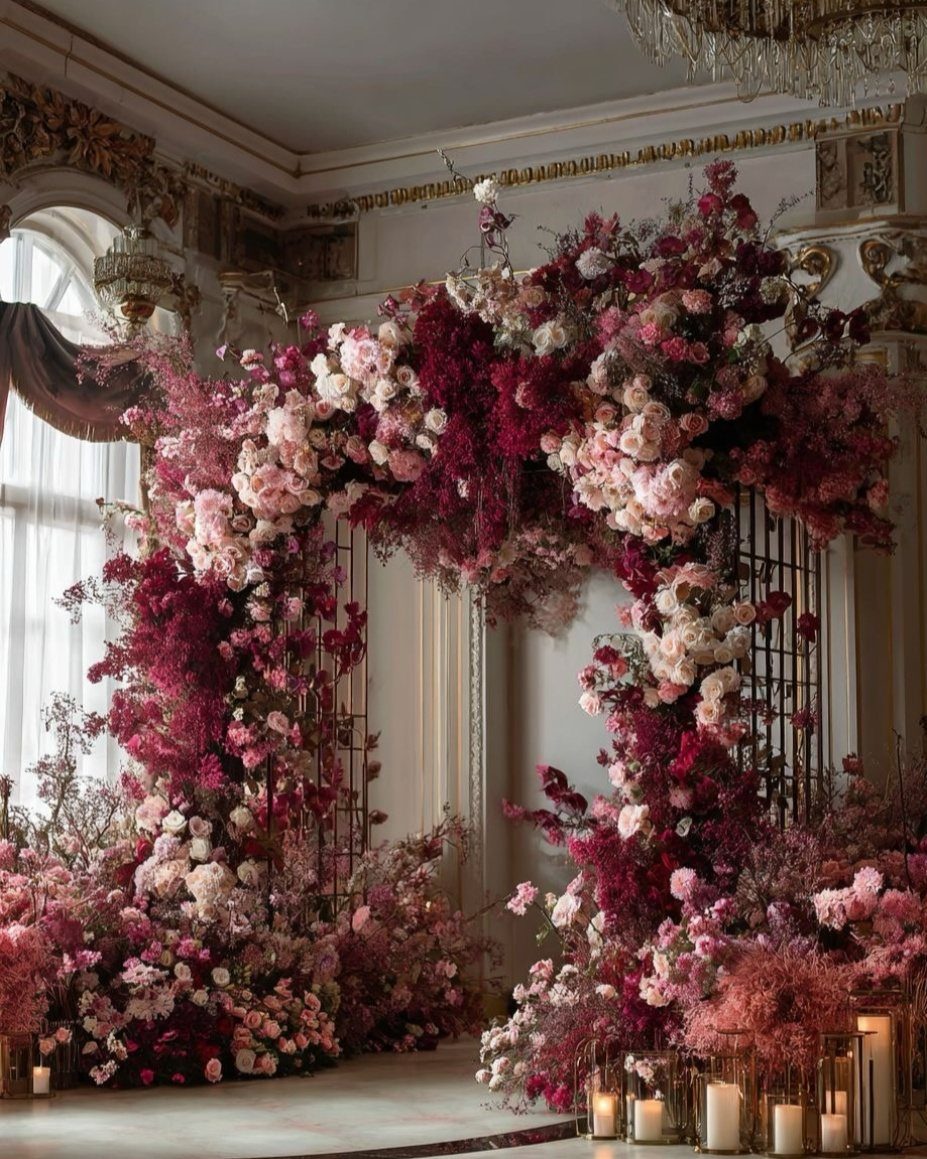 Large floral arch with pink and burgundy roses in an ornate indoor setting.