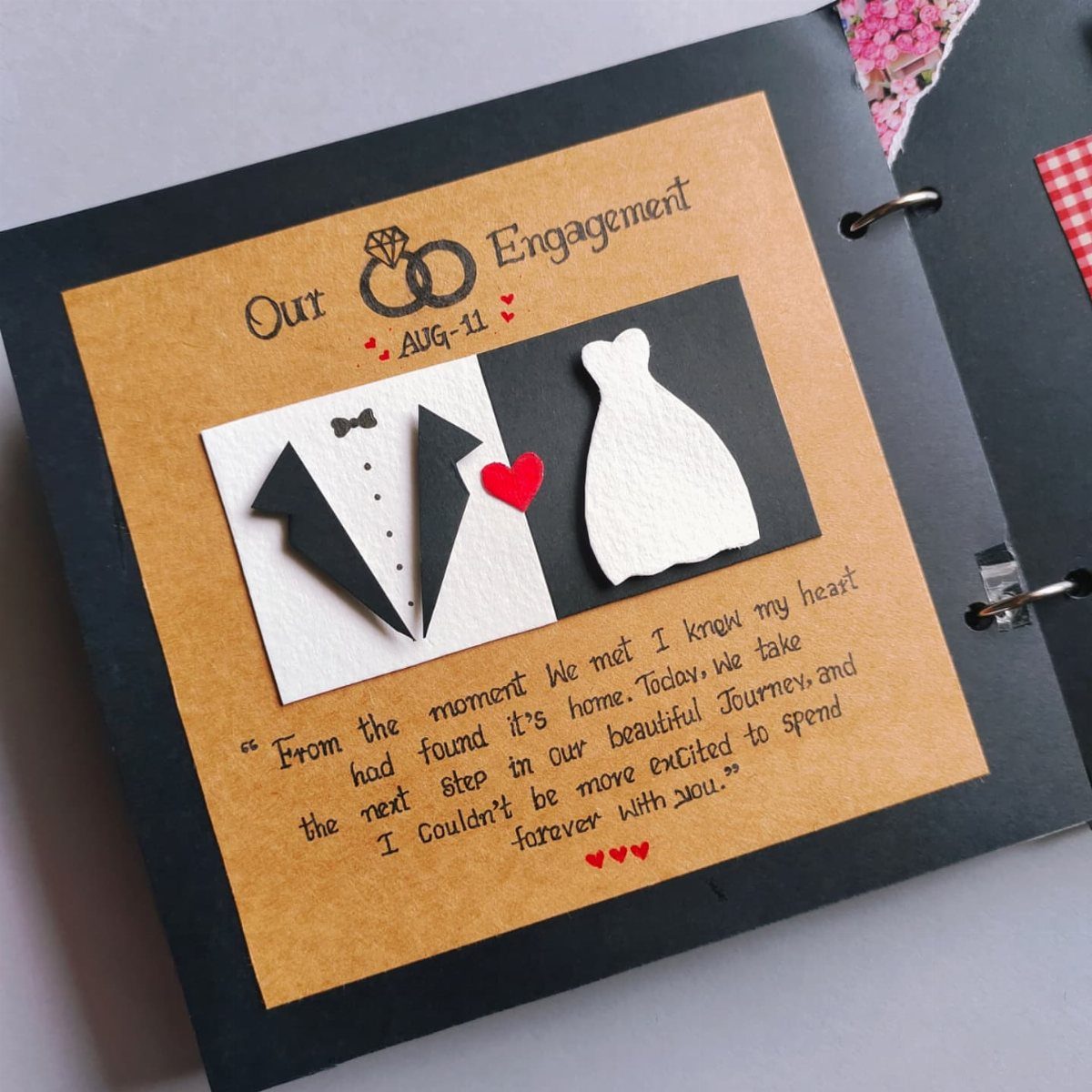 Handcrafted scrapbook page with tuxedo and wedding dress cutouts and romantic handwritten text.