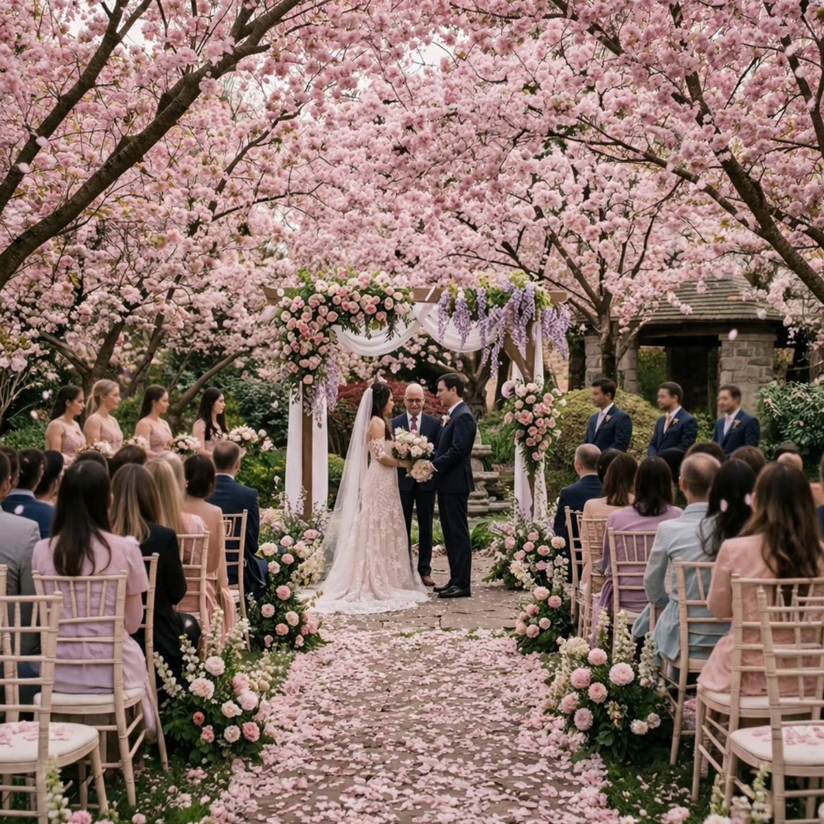 Bride and groom standing under a floral arch beneath pink cherry blossom trees.