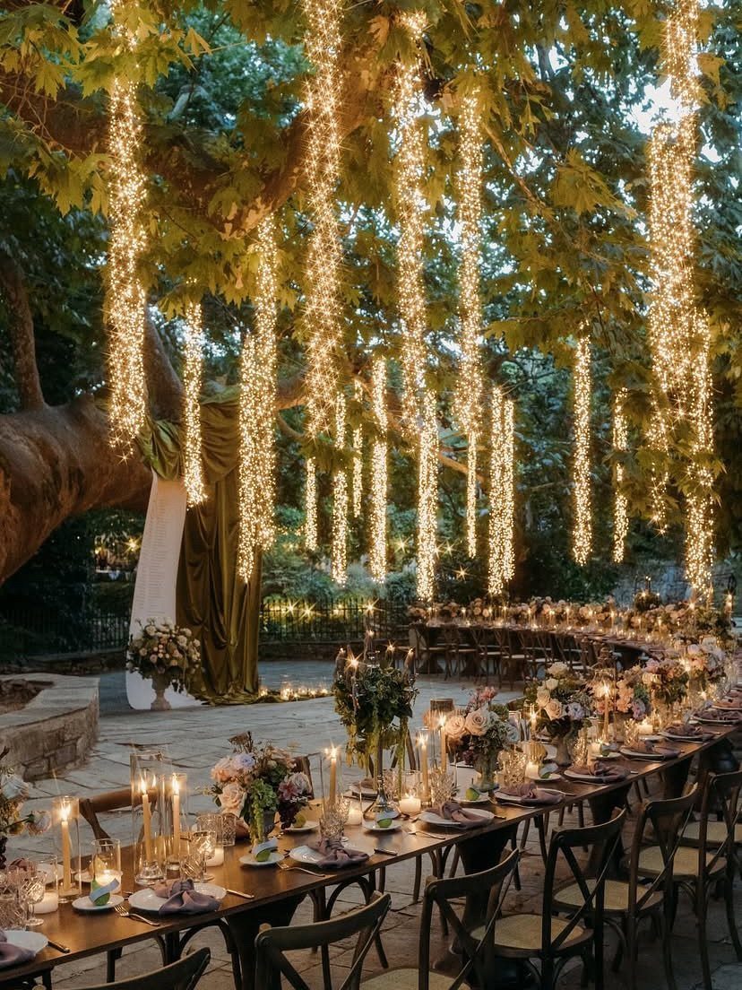 Outdoor wedding reception table under a tree with hanging fairy lights and flowers