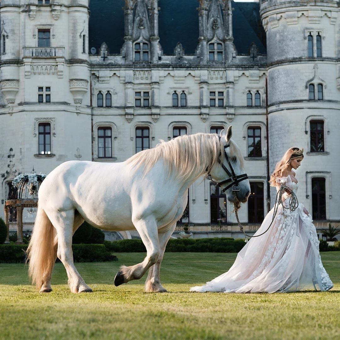 Bride in a white ball gown and tiara standing with a white horse