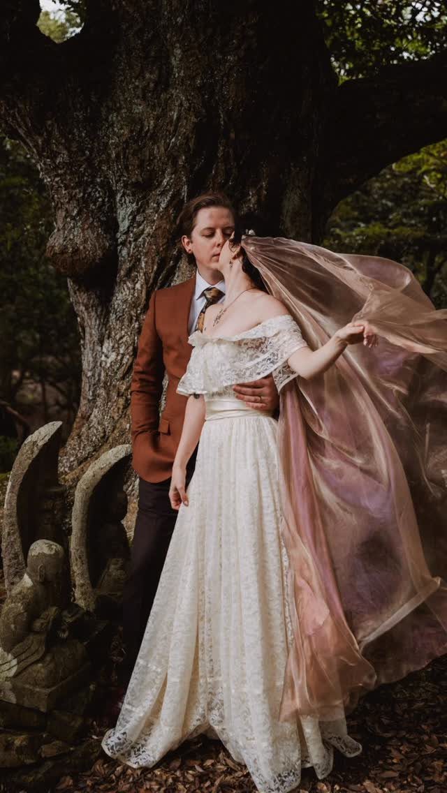 Bride in lace gown and iridescent veil posing with groom under a tree