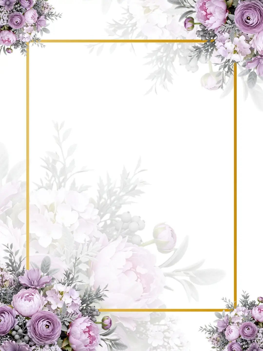 Floral frame with purple peonies and a gold border on a white background.