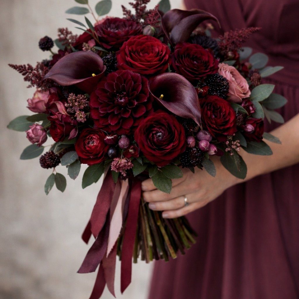 Deep ruby red bridal bouquet with roses and calla lilies held by bridesmaid