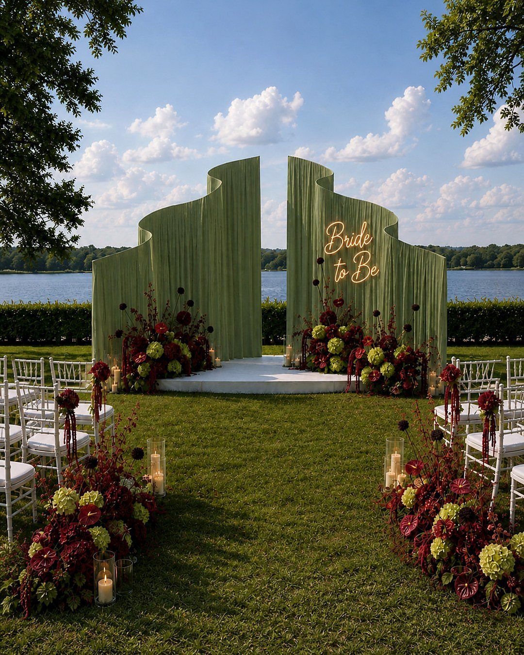 Outdoor wedding ceremony setup with green fabric backdrop and deep red floral arrangements.