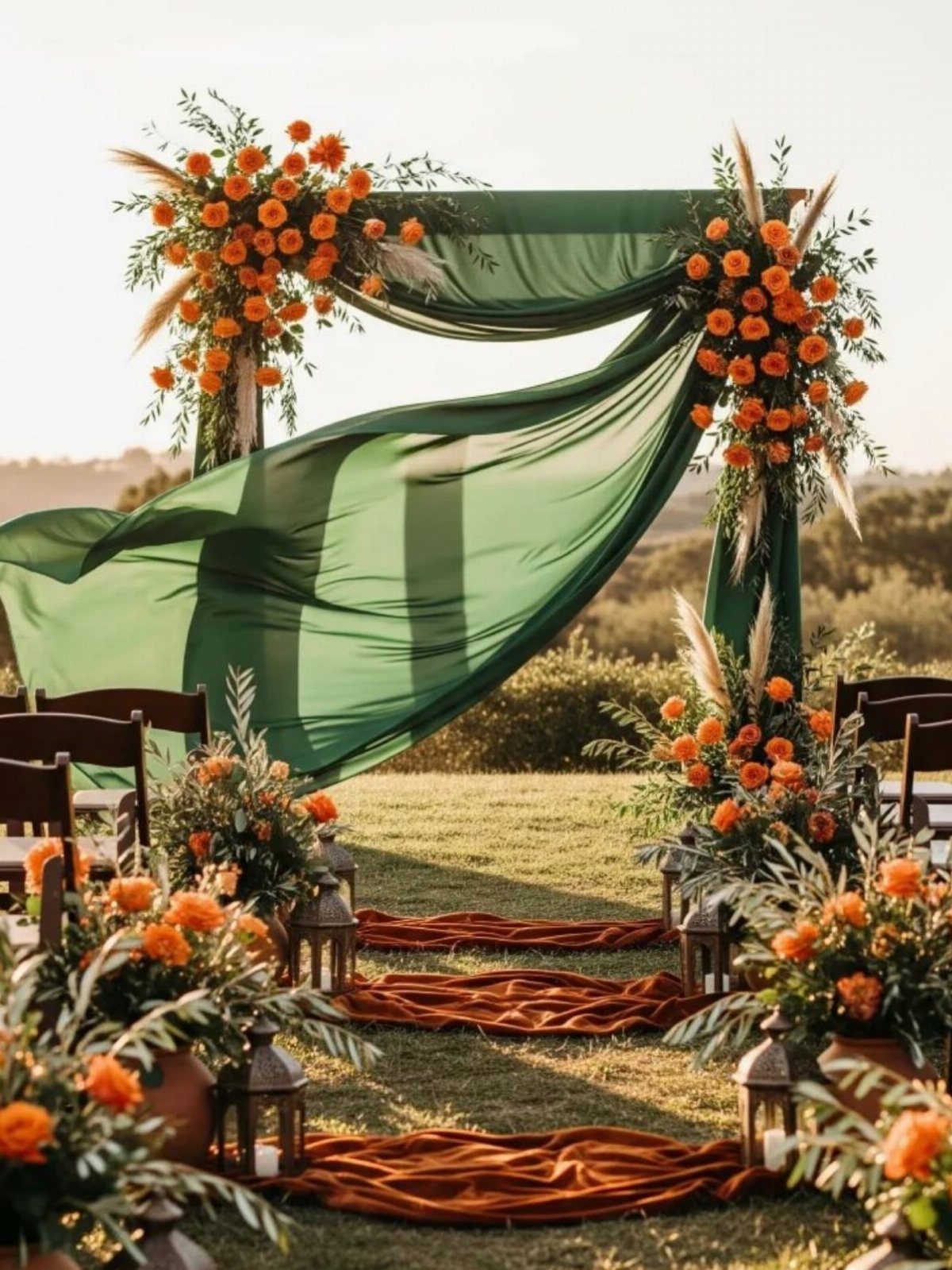 Olive green fabric altar with orange roses and matching aisle runners outdoors