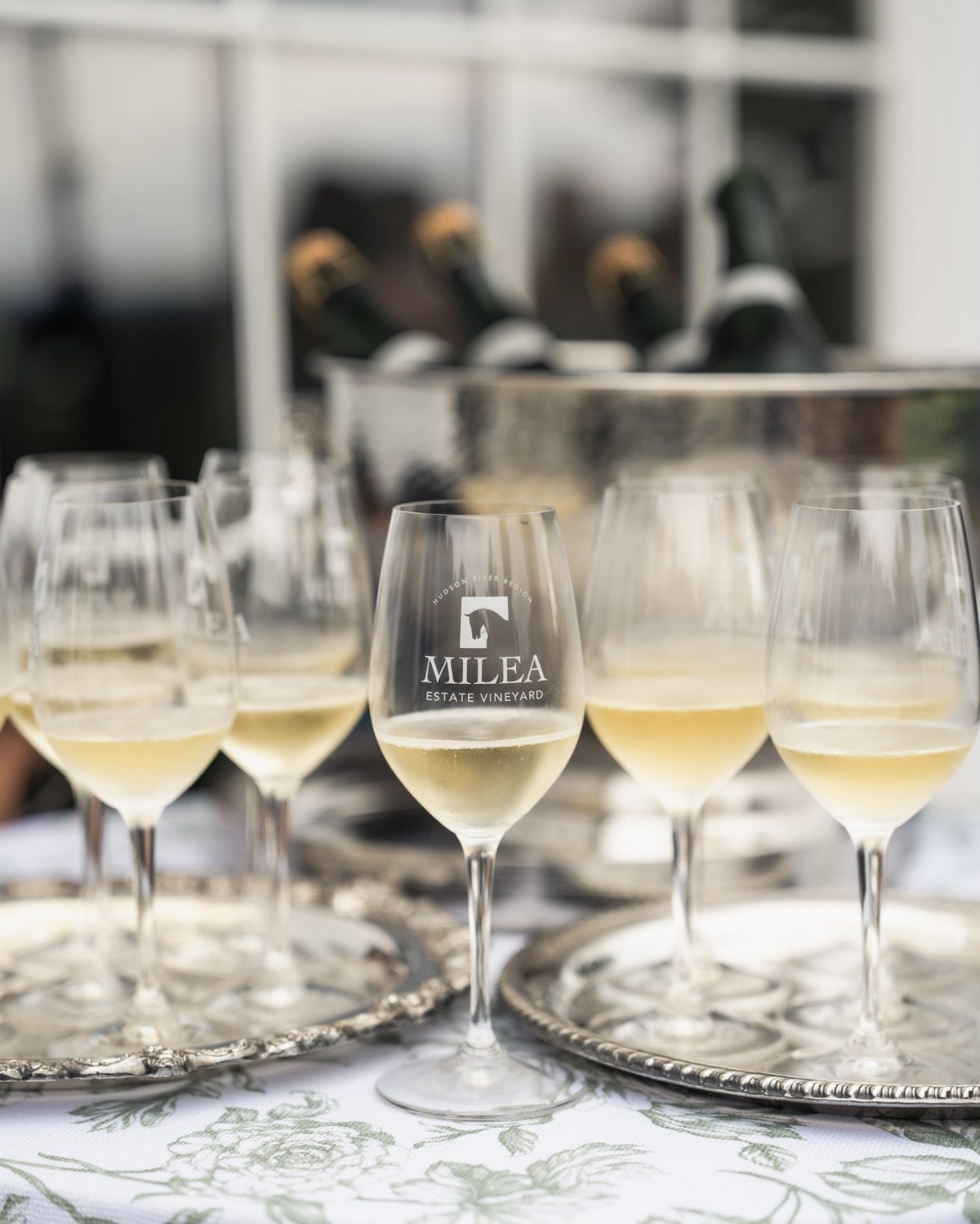 Wine glasses filled with white wine on silver trays at a vineyard wedding.