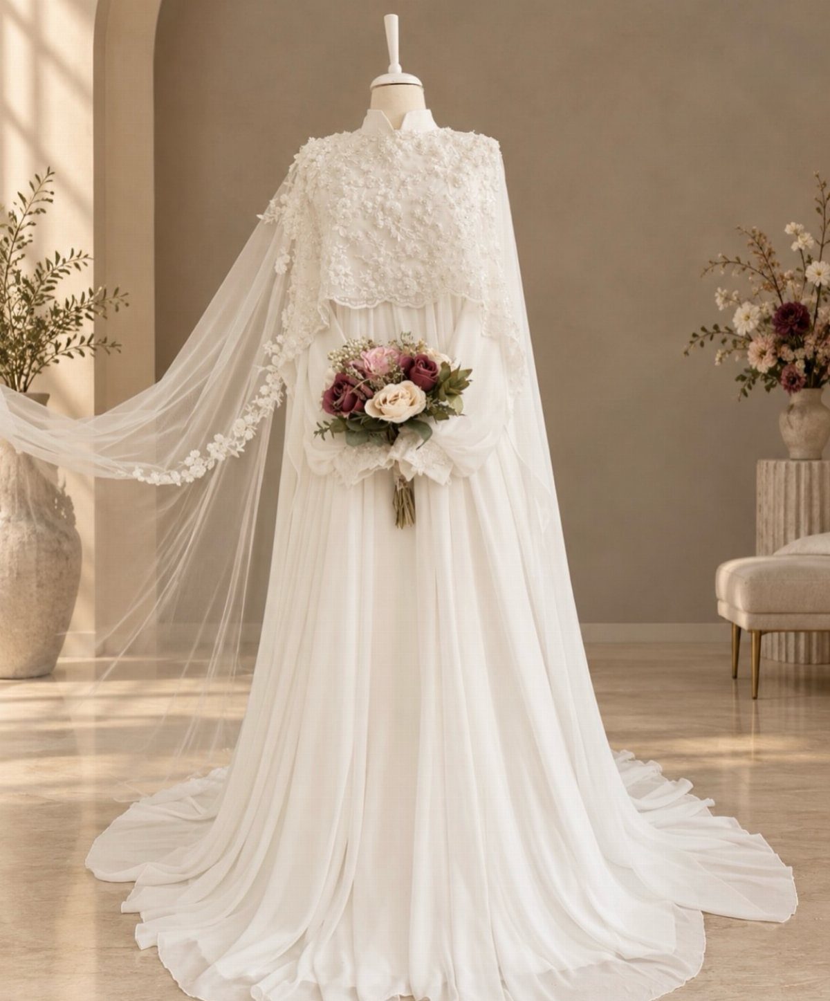 Modest white wedding dress with lace capelet and floral bouquet on a mannequin.