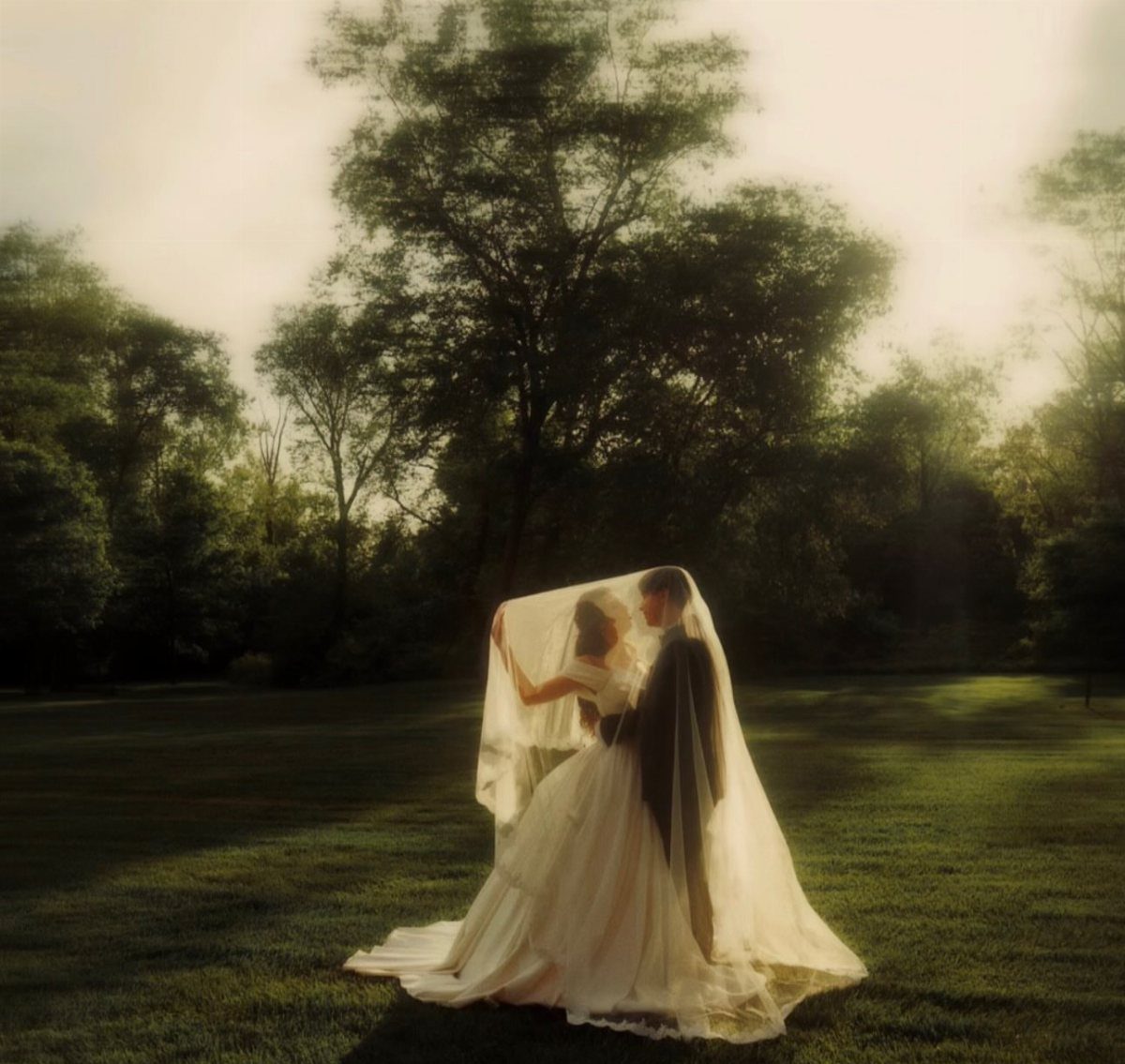 Bride and groom under a veil in a field with vintage sepia tones.