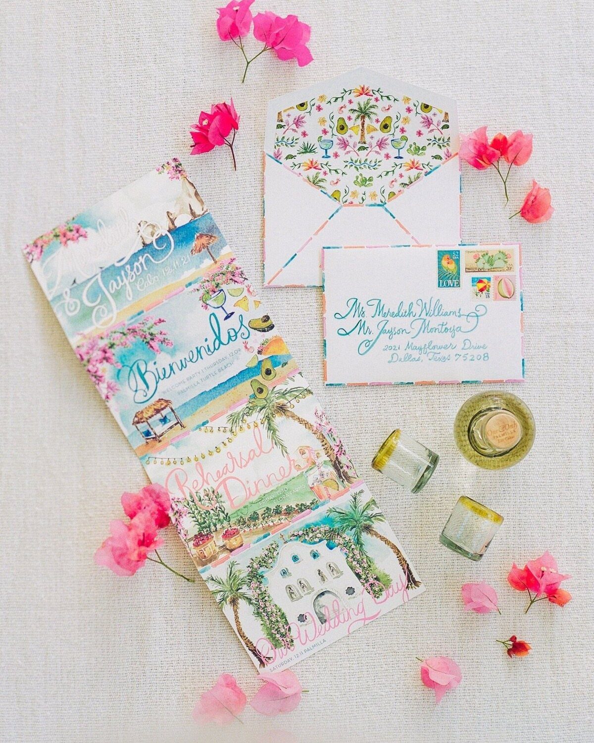 Wedding invitation and itinerary with colorful illustrations and pink bougainvillea petals.