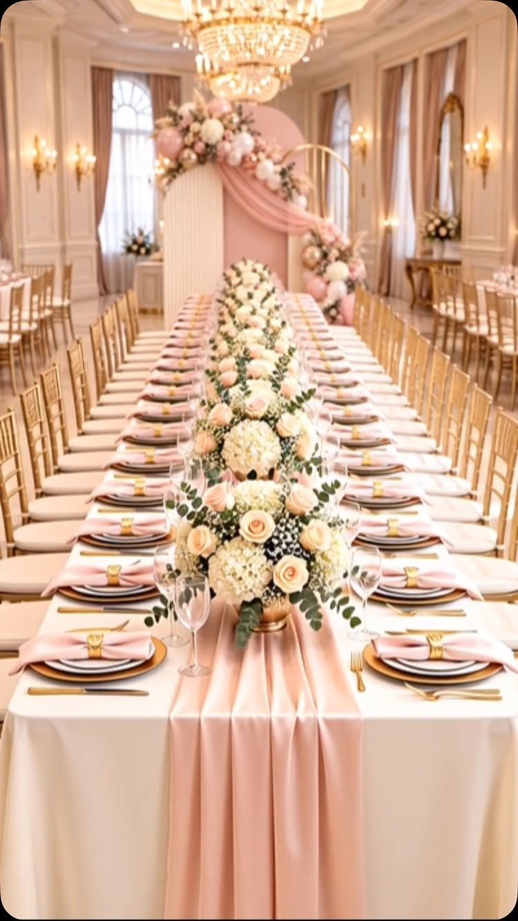 Long banquet table with white and cream roses, gold plates, and peach runner.