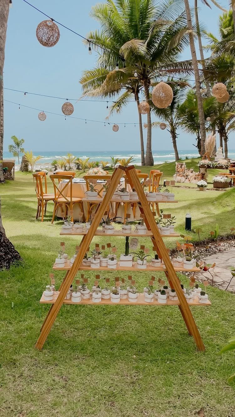 Wooden A-frame shelf with small potted succulents at an outdoor beach wedding reception