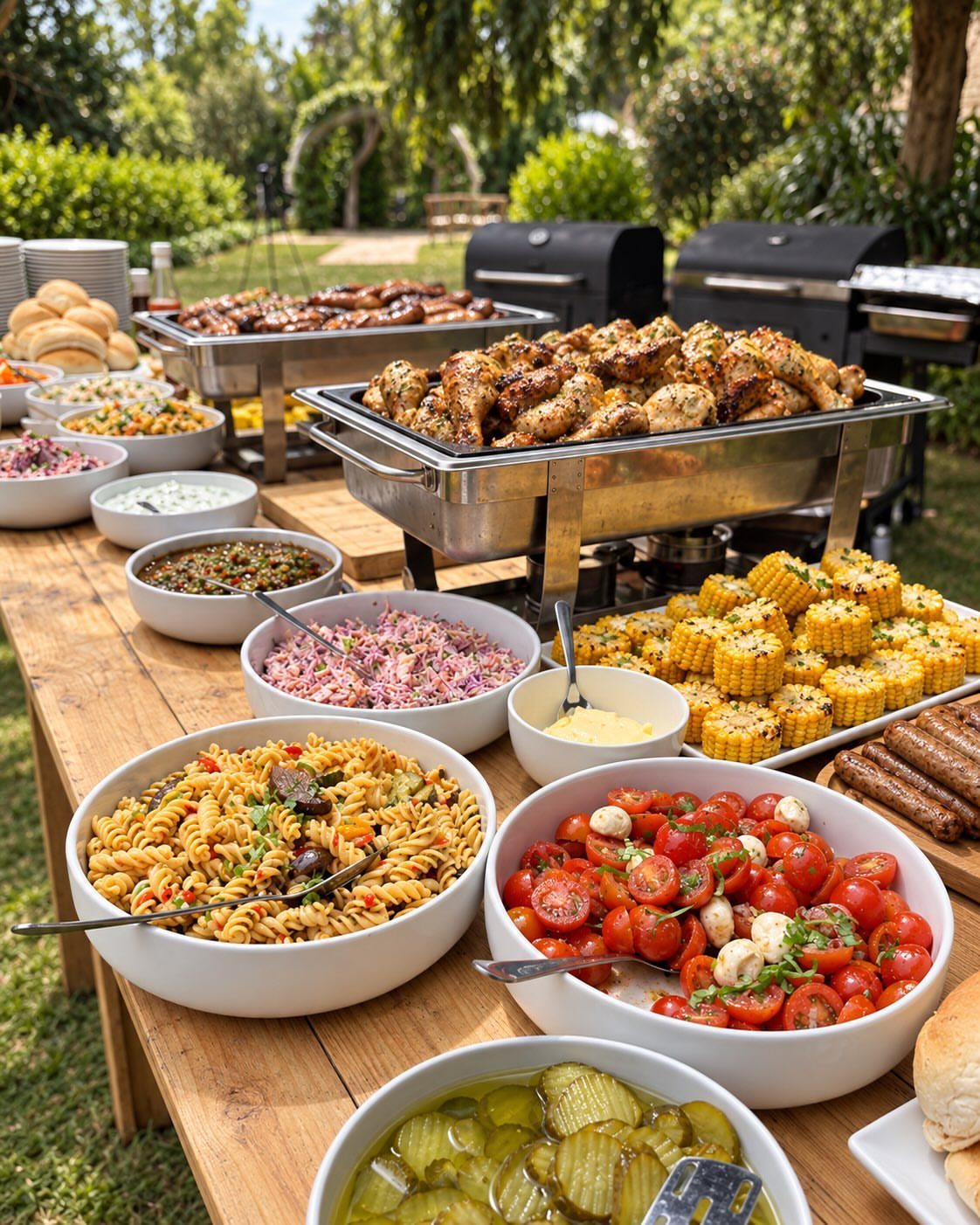 Buffet spread of grilled chicken, corn, and salads on a wooden outdoor table.