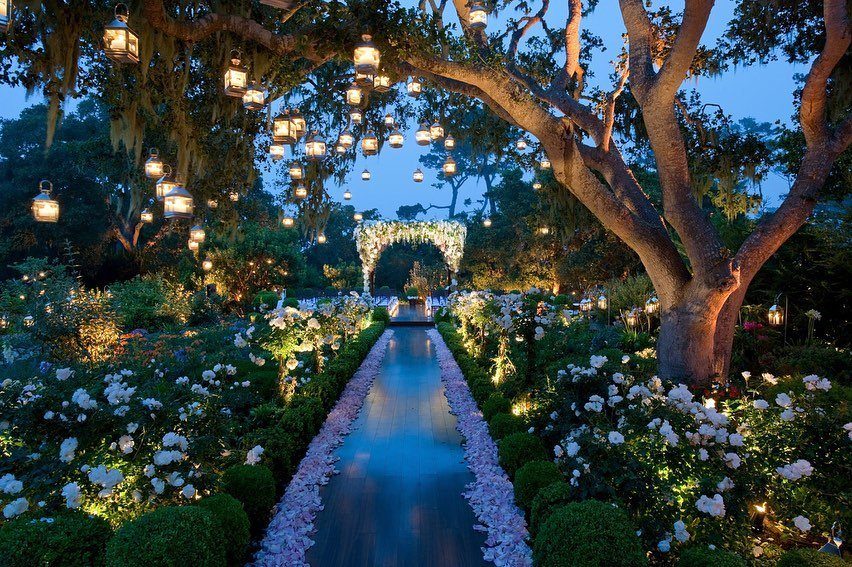 Reflecting pool lined with white blossoms and lanterns hanging from oak trees.