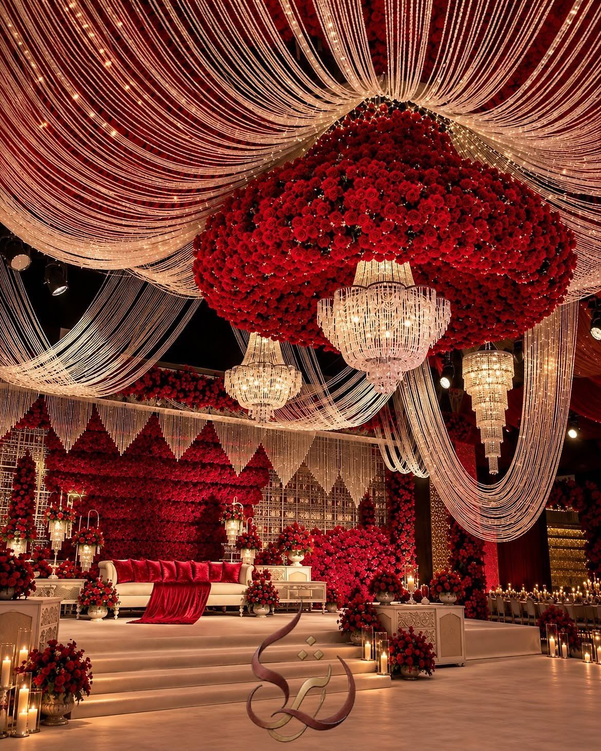 Lavish wedding stage with red rose installations, crystal chandeliers, and red velvet seating.
