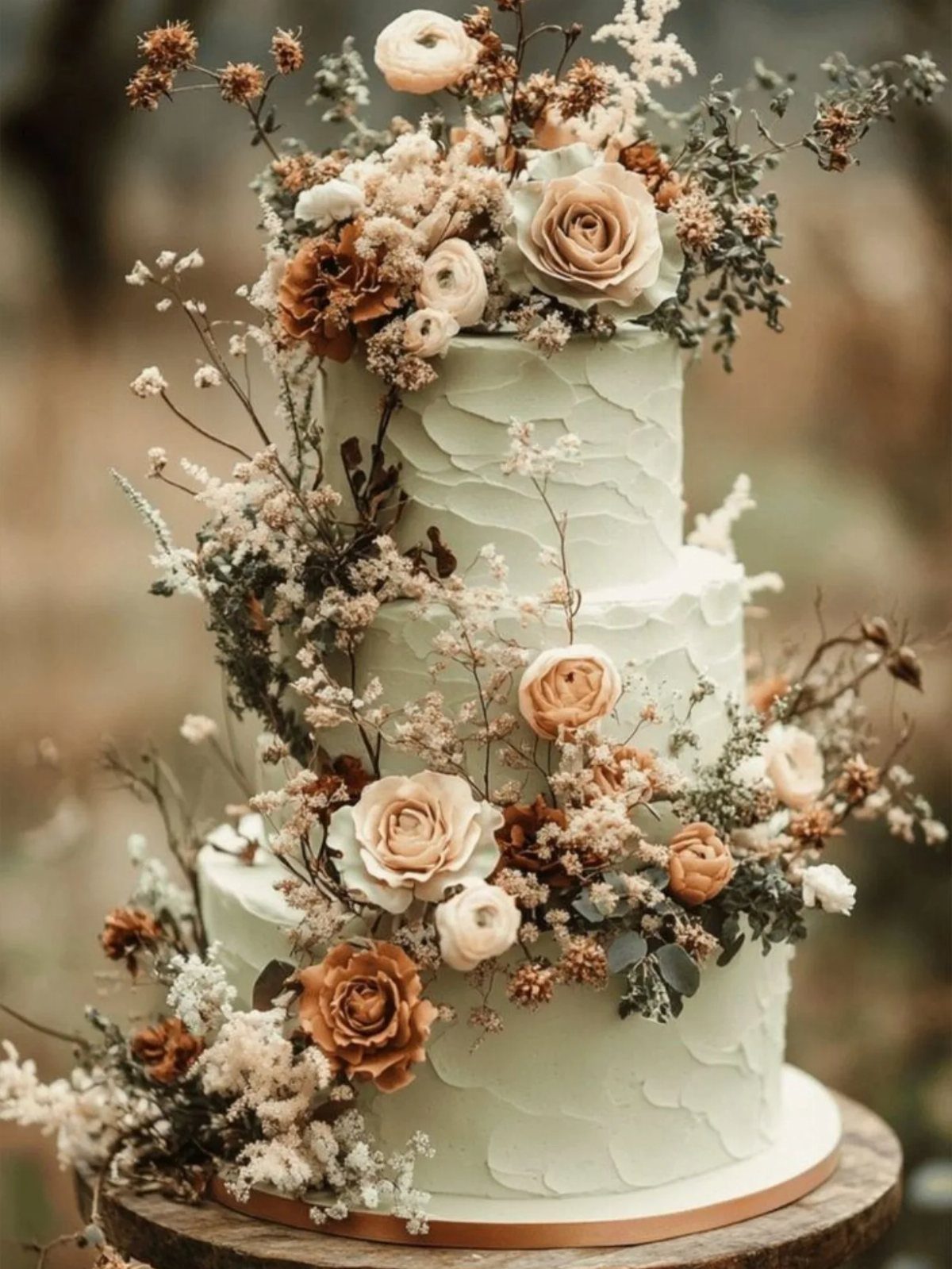 Three-tier white wedding cake adorned with peach roses and dried flowers on wood.