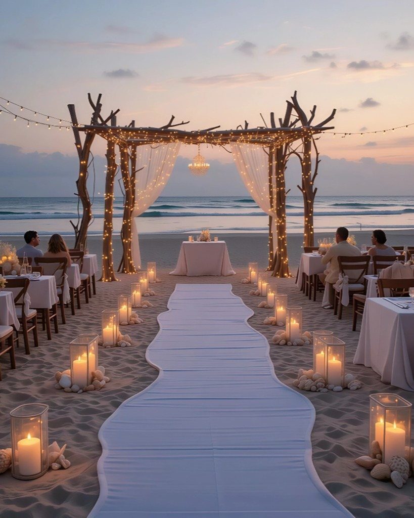 White aisle runner and driftwood arch with fairy lights on a sandy beach