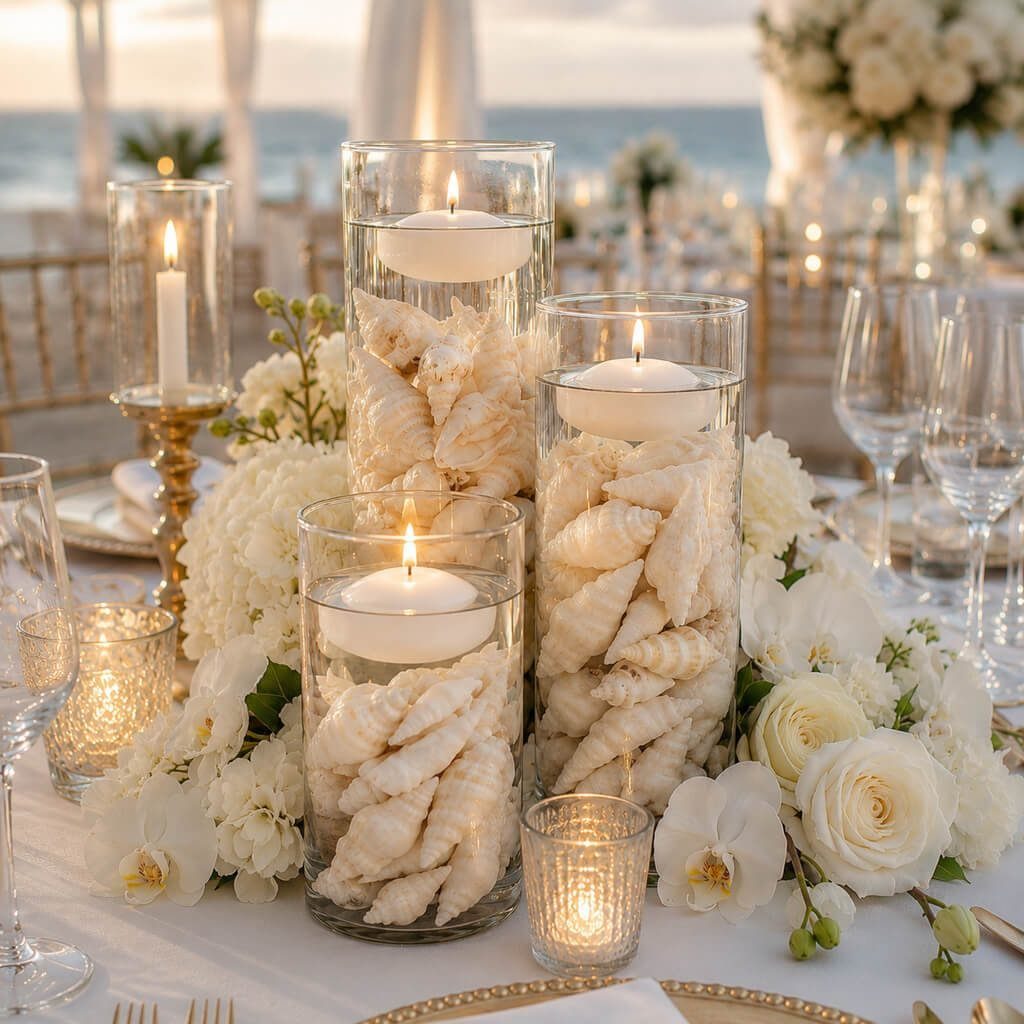 Glass vases with seashells and floating candles surrounded by white flowers on a table.