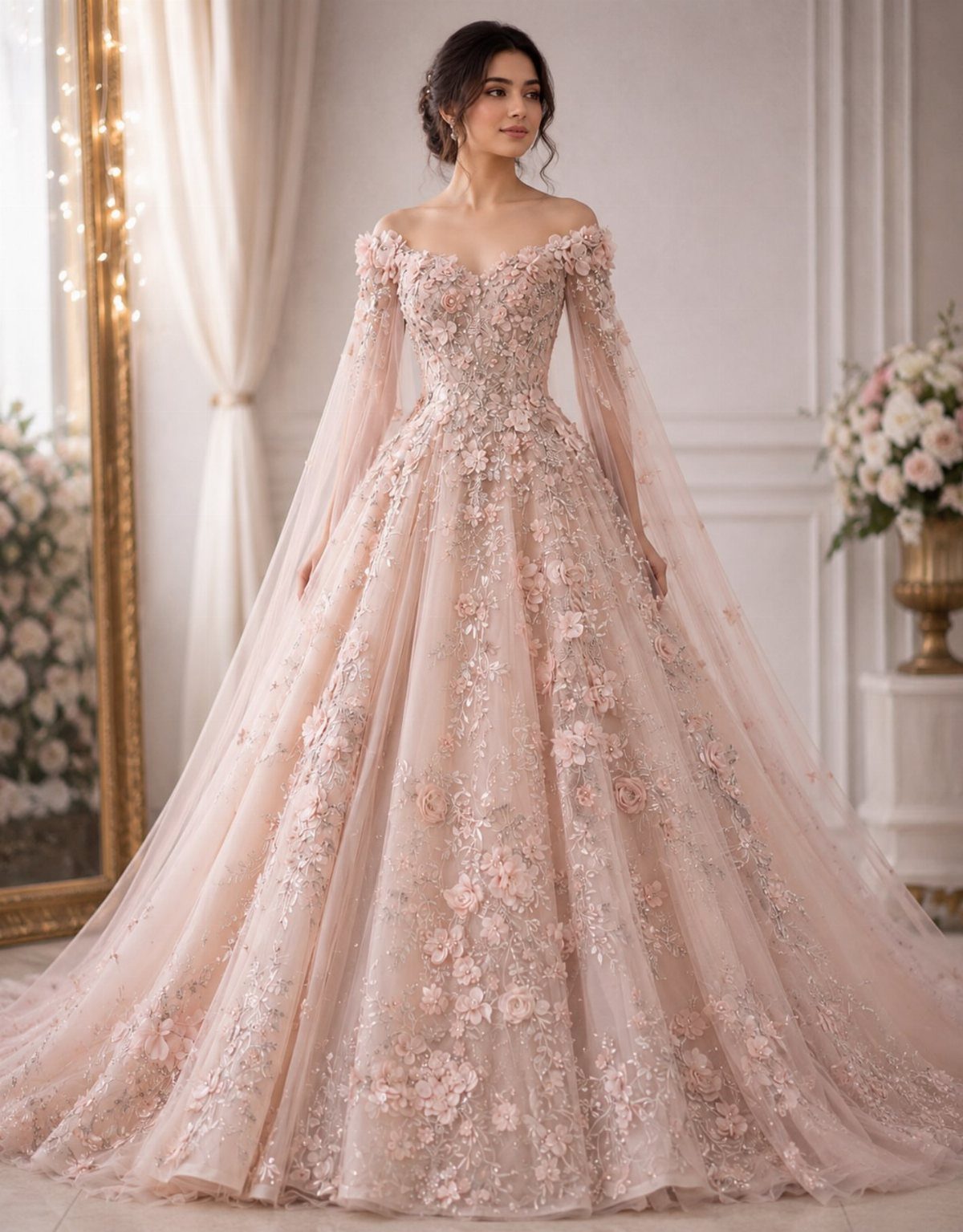 Woman in a voluminous light pink floral gown with sheer long sleeves.