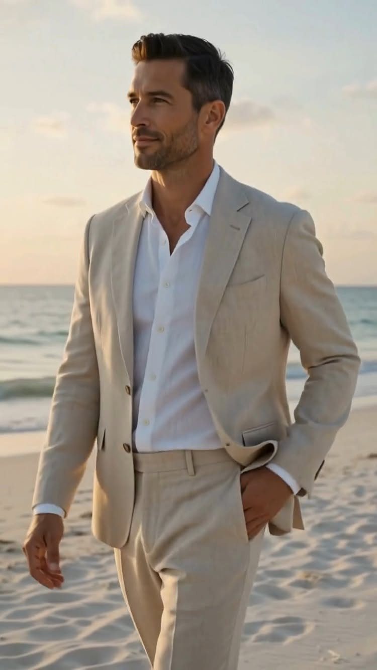 Man in a light beige linen suit and white shirt on a beach.