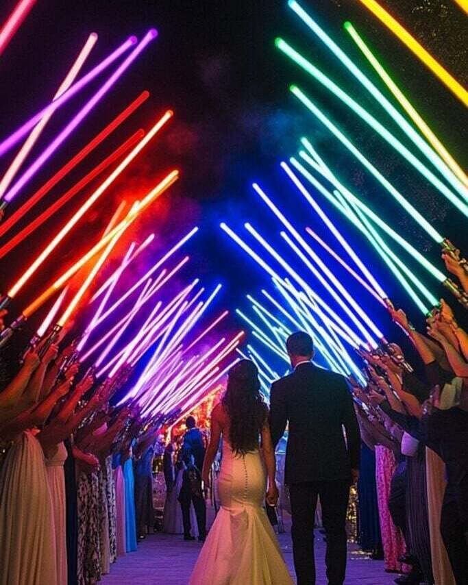 Bride and groom walking through a tunnel of colorful glowing lightsabers at night