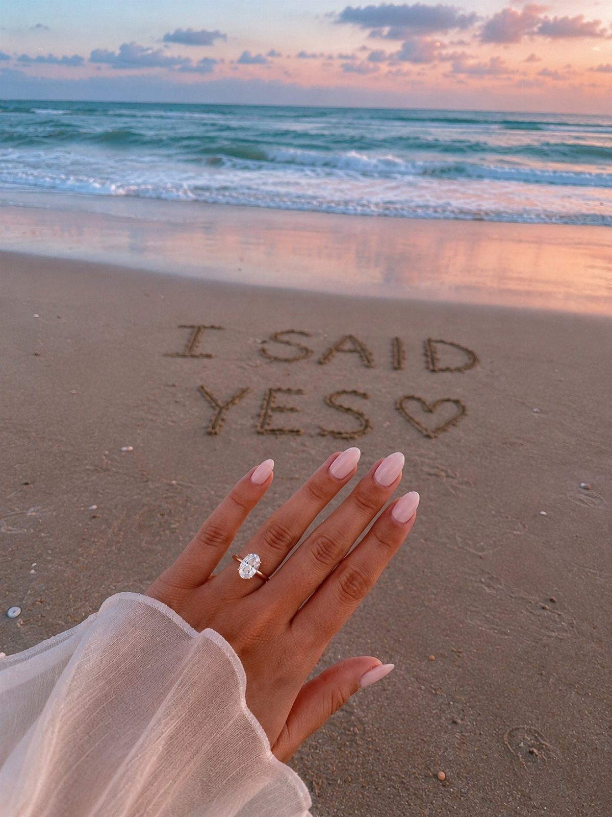 Hand with engagement ring over 'I SAID YES' written in beach sand at sunset