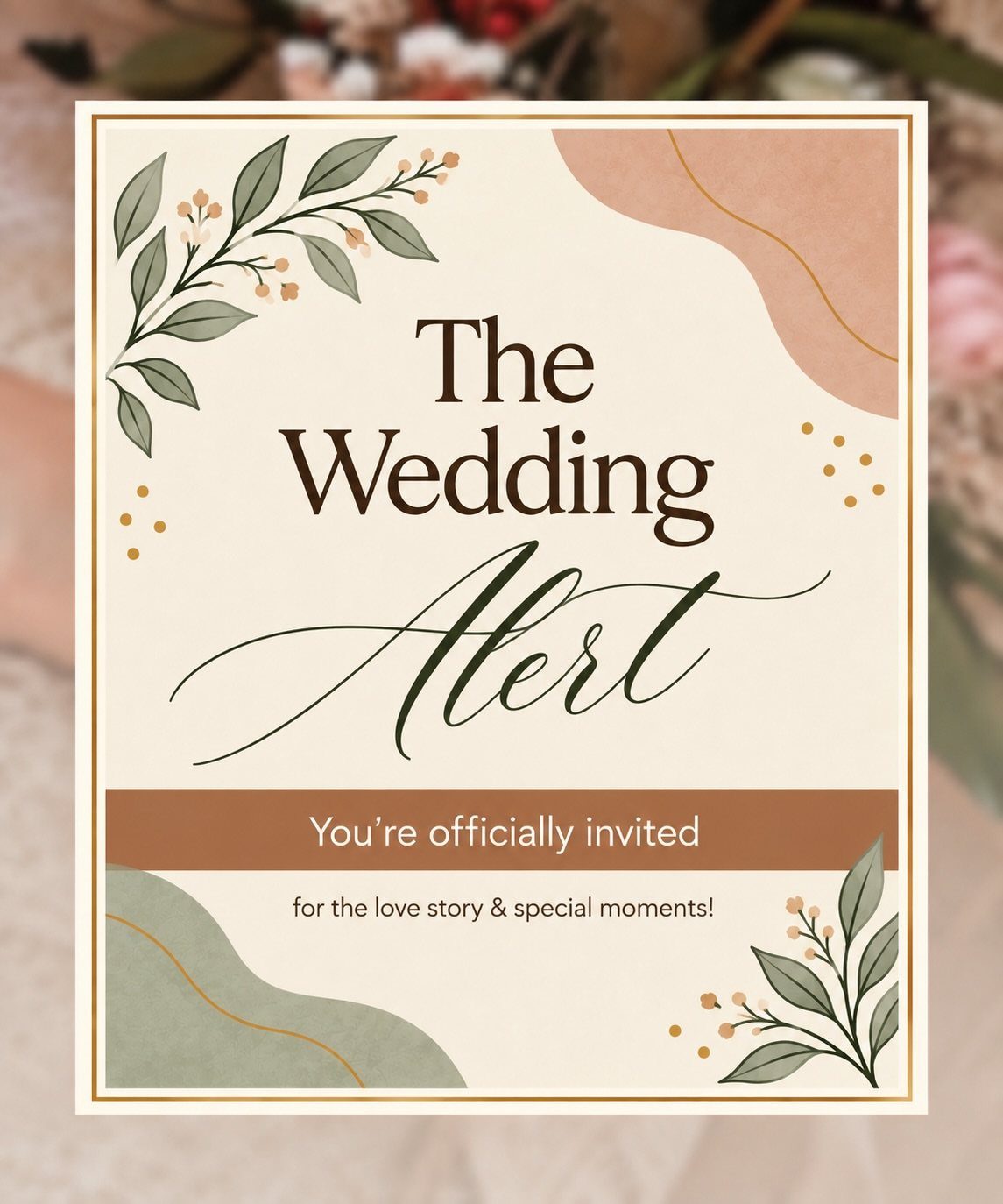 Wedding announcement card with botanical leaves and the text The Wedding Alert.