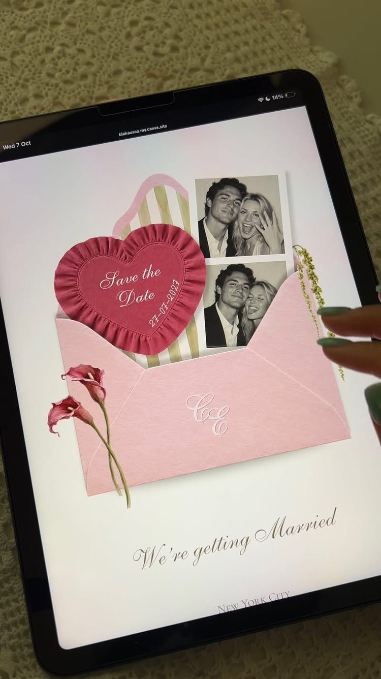 Digital wedding announcement on a tablet screen featuring a pink envelope and couple photos.