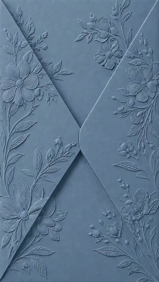 Dusty blue envelope with embossed floral patterns and a textured matte finish.
