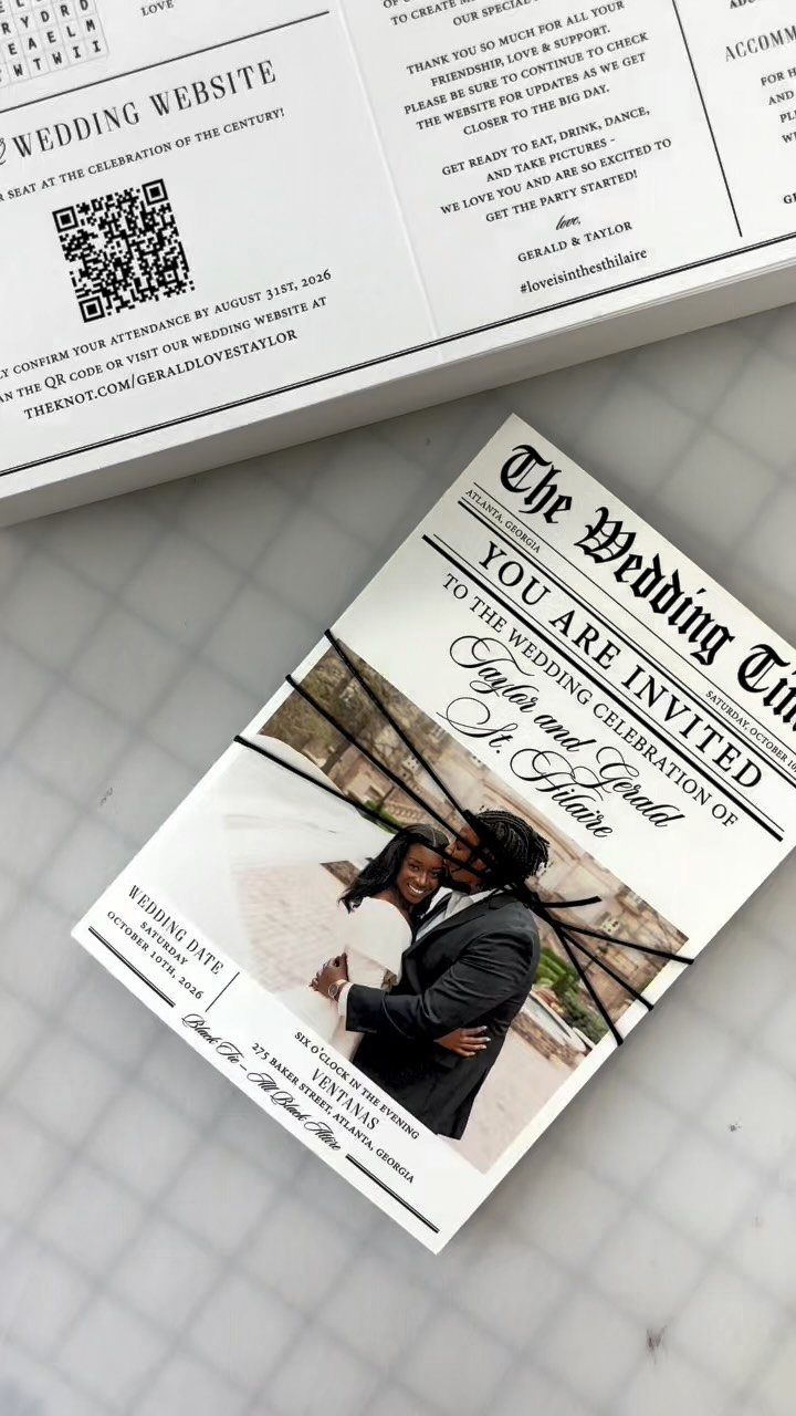 Newspaper style wedding invitation with a couple's photo tied with black string.